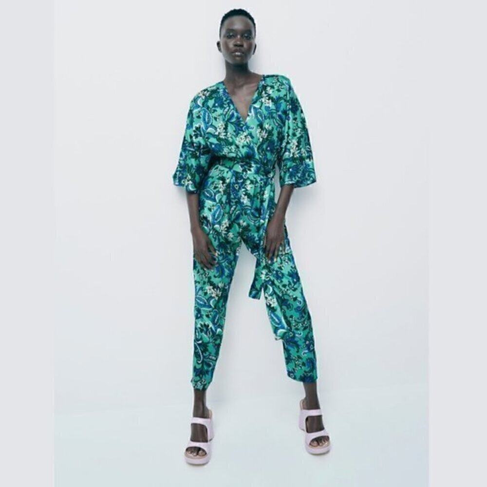 Zara NWT Blue Paisley Belted Wide Leg Jumpsuit S - Picture 13 of 16